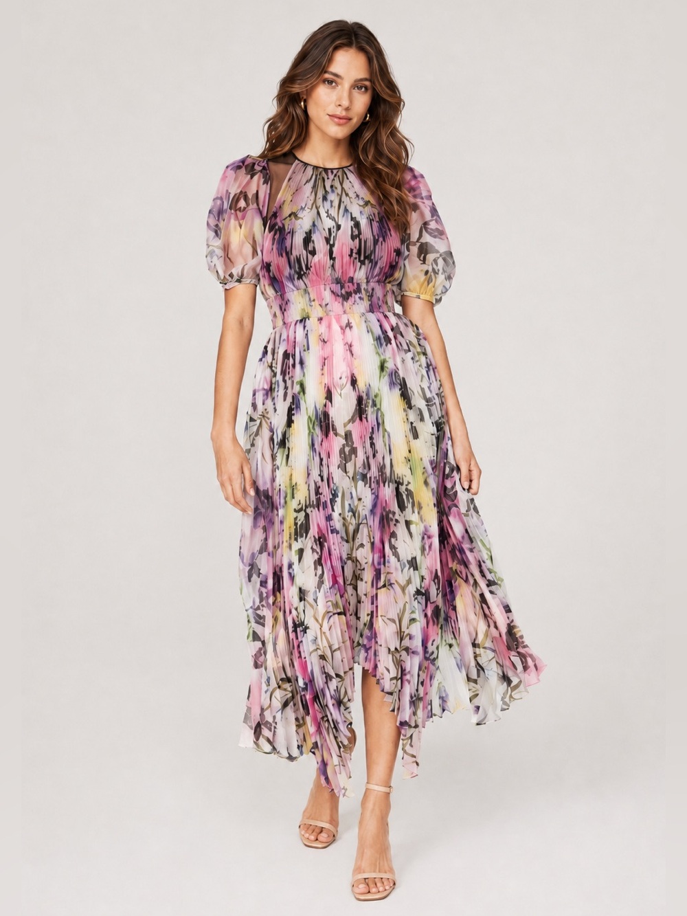 Bibhu Mohapatra Collective Puff Shoulder Floral Pleated Midi Dress